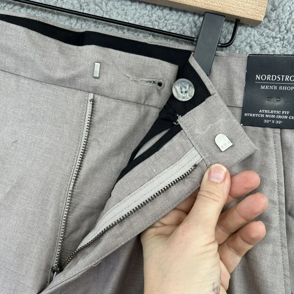 NORDSTROM Pants Mens 32 x 32 Gray Taupe Cotton Athletic Fit Non Iron Flat Front